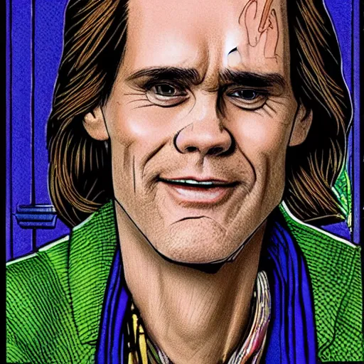 Prompt: Jim Carrey in Thoth tarot deck, style of Lady Frieda Harris, 4K