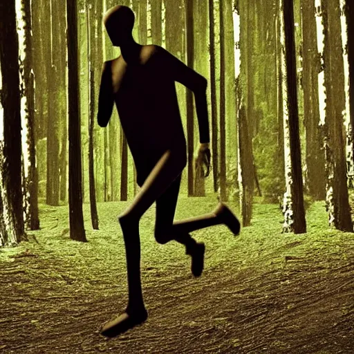 Prompt: Uncanny photograph of a tall, slim humanoid criptid running towards the camera in a forest at night