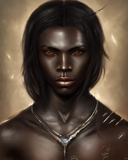 Prompt: portrait of a feminine male dark elf, ebony skin, long hair, fantasy, feminine, elegant, intricate, highly detailed, digital painting, artstation, concept art, sharp focus, illustration