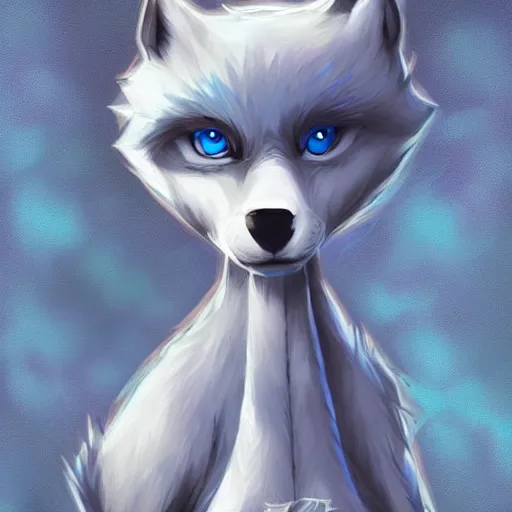 Image similar to furry ( fandom ) art of a cute anthropomorphic white wolf with blue accents and blue eyes, digital art, painting, trending on furaffinity