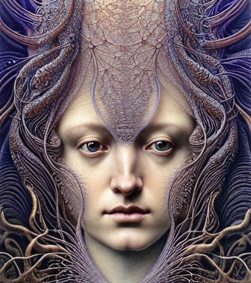 Prompt: detailed realistic beautiful crystal goddess face portrait by jean delville, gustave dore, iris van herpen and marco mazzoni, art forms of nature by ernst haeckel, art nouveau, symbolist, visionary, gothic, neo - gothic, pre - raphaelite, fractal lace, intricate alien botanicals, biodiversity, surreality, hyperdetailed ultrasharp octane render