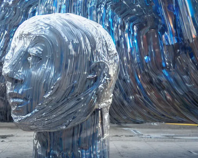 Image similar to a giant abstract sculpture of a human head wrapped in cling film, in the style of chad knight, award winning, cinematic, hyper - realistic, very detailed, realistic water splashes, ray tracing, 8 k resolution, long - shot, sharp focus, low angle, 8 5 mm photograph, wide lens