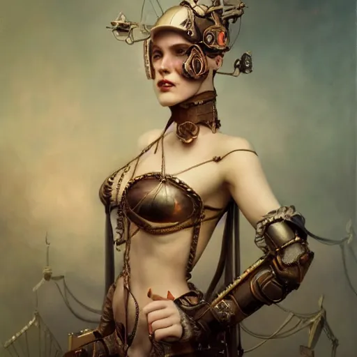 Prompt: by tom bagshaw, ultra realist vivid soft painting of a carnival of curiosities, single curvy flirt etheral young steampunk female in a full ornated armor gears, photorealistic facial traits, cables, led, flying machinery, partial symmetry accurate features, very intricate details, focus, award winning, ultra dense fog