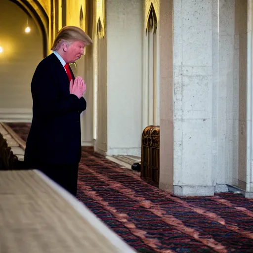 Image similar to Trump praying in mosque, award winning cinematic photography, 50 mm, blurred background, perfect faces