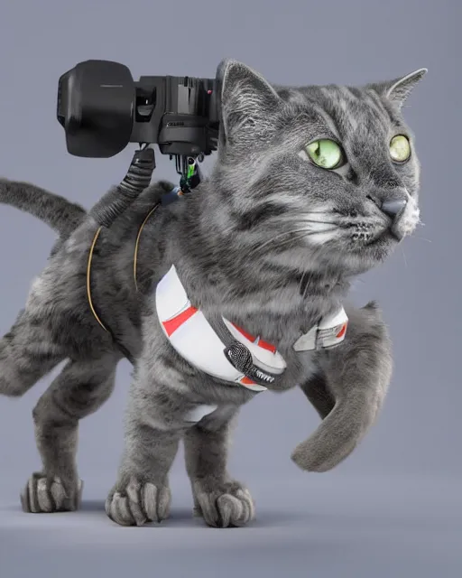 Prompt: cat with jet pack and a laser gun and cyborg blue left eye, standing on his back legs, photorealistic, 8 k render cycles, smooth, complex, insanely detailed, art by woo kim, antilous chao