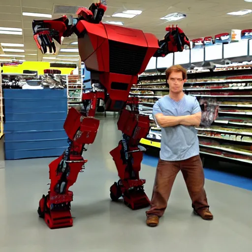 Image similar to dexter morgan fighting a transformer robot at kmart