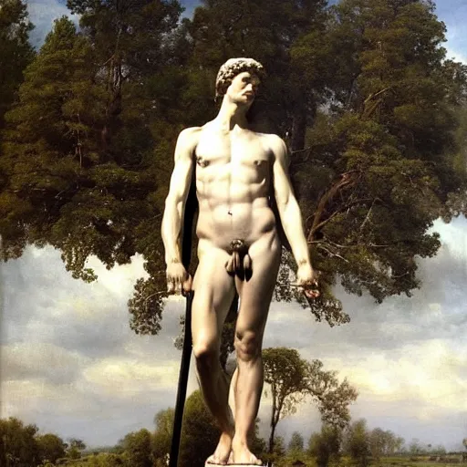 Prompt: statue of david Michelangelo stands in the middle of a field, , Rye (Shishkin), painting by Ivan Shishkin, David (Michelangelo) painting by Valentin Serov, oil painting, hyperrealism, beautiful, high resolution