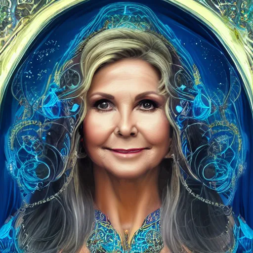 Prompt: olivia newton john as a beautiful sorceress, passionate, seductive, sweaty, symmetrical features, intricate dressed in ornate blue robes and staff, lovely, intricate, highly detailed, digital painting, artstation, concept art, karma sutra, smooth, sharp focus, illustration, unreal engine 5, 8 k, art by artgerm and greg rutkowski and alphonse mucha