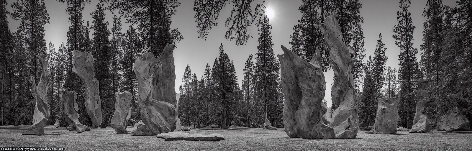 Image similar to to fathom hell or soar angelic, just take a pinch of psychedelic, medium format photograph of two colossal minimalistic necktie sculpture installations by antony gormley and anthony caro in yosemite national park, made from iron and marble, granite peaks visible in the background, taken in the night