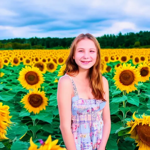 Prompt: Portrait, Photo of a Ukrainian girl Smiling at the camera, Beautiful pretty young, flowers in her dark hair, Scene: Sunflower field, Colors: Yellow sunflowers, blue cloudy sky, In a style of Real-Life Natural Photo