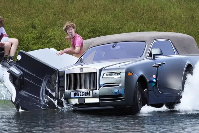 Image similar to Teenagers push Rolls-Royce into lake with their hands from a small slide wanting to drown him