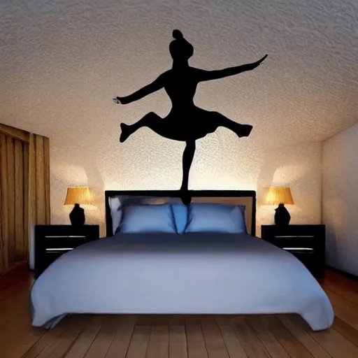 Image similar to Digital art of a silhouette of a person flying above their bed, the ceiling is a beautiful dream world, bedroom, trending, award winning