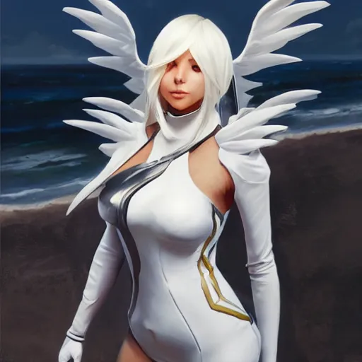 Image similar to greg manchess painting of a 2 yorha type a no. 2 as mercy from overwatch wearing skintight leather jacket in a beach, white long hair, large white wings, painting, trending on artstation, by huang guangjian and gil elvgren and sachin teng