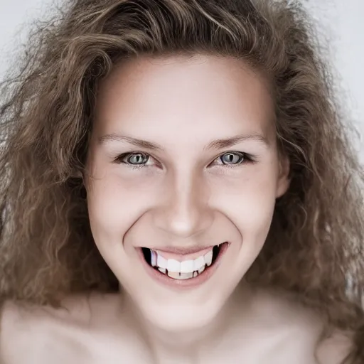 Image similar to woman from scandinavia, 2 0 years old, smiling and looking directly at the camera, dslr, portrait photo, white background, leibowitz