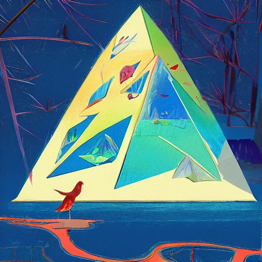 Image similar to otherworldly vivid futuristic pool pyramid penguin sack cedar tree teak tree, by tom thomson and ghibli studios and andy warhol, mixed media, speedpainting, an art deco