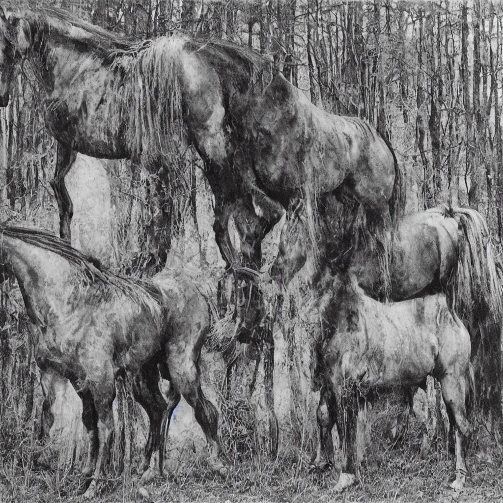 Prompt: giger, h. r. - magnificent forest clydesdale horse