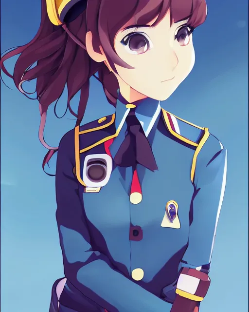 Image similar to Anime girl is dressed in plane pilot uniform. Anime. by lois van baarle, ilya kuvshinov, rossdraws, Ghibli marker anime art, manga concept Blizzard pixar maya engine on stylized background splash comics global illumination