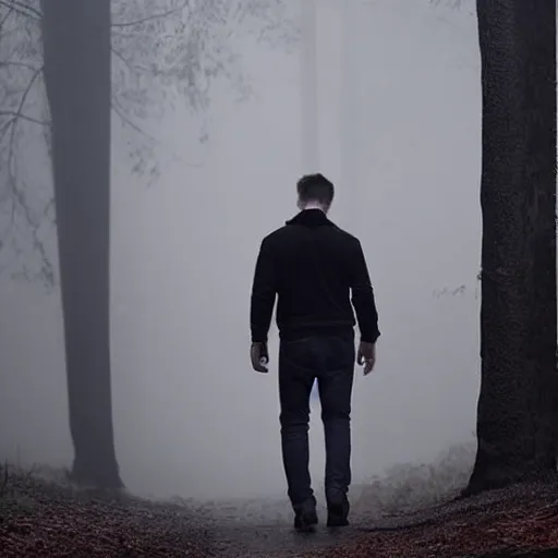 Prompt: Elon Musk walks alone through the woods at night, gloomy, dark, foggy, night, ominous, dark color, atmospheric, cinematic lighting, intricate detail?