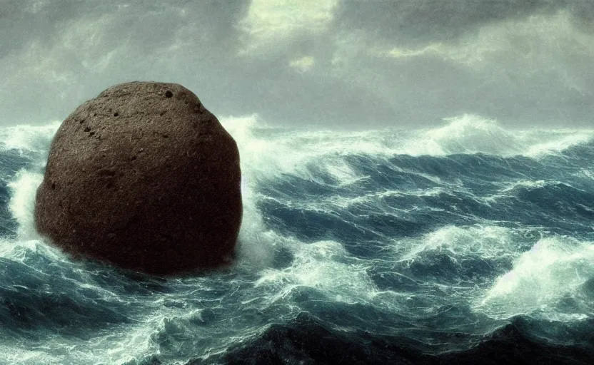 Image similar to large rock in the middle of the ocean, large waves, surrounded by water, dark skies, close up shot, rocky, at dusk, 4k, rule of thirds, extreme detail, hazy, intricate ink illustration, surreal, surrealist, trending on artstation, cgsociety, hd, complimentary colours, realistic lighting, by Albert Bierstadt, Frederic Edwin Church.