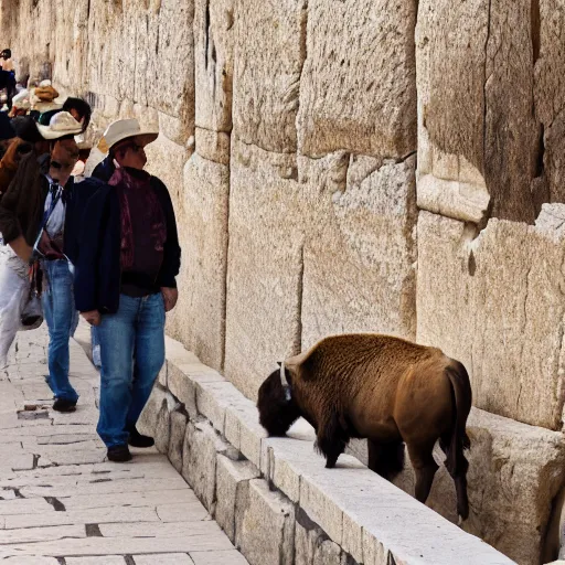 Prompt: photo of a bison, at the Wailing Wall in Jerusalem, religious people, crowds, 50mm, beautiful photo