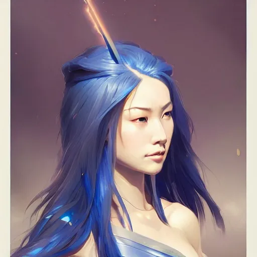 Prompt: Japanese lightning goddess, D&D, blue color palette, highly detailed, digital painting, artstation, concept art, sharp focus, illustration, cinematic lighting, art by artgerm and greg rutkowski and alphonse mucha