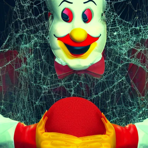 Image similar to ronald mcdonald trying to escape from spiders