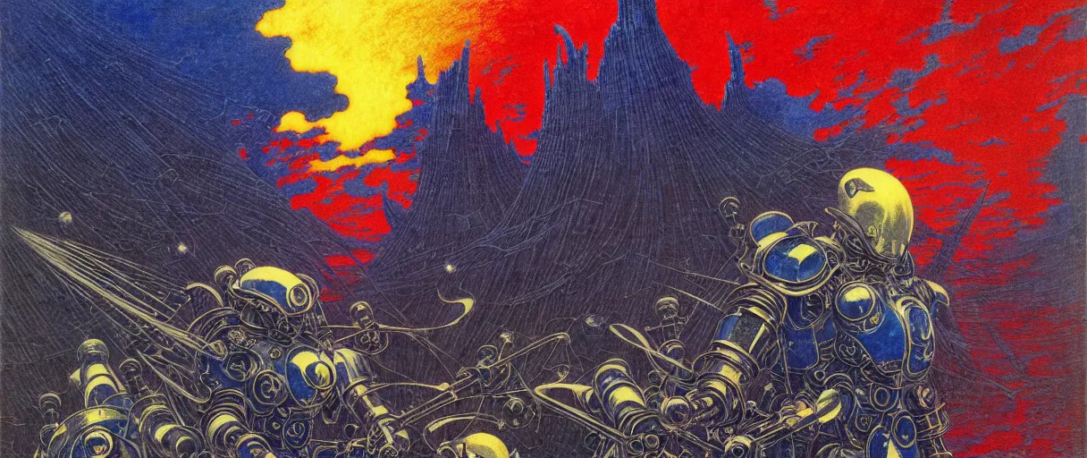 Prompt: composition gothic of and futuristic, warhammer, cyber japan style armor, scars, thunderstorm, blue, red, yellow, many mechflowers, the middle ages, highly detailed, artstation, in the style of moebius, jugendstil and classic japanese print, art by jean delville, rene magritte