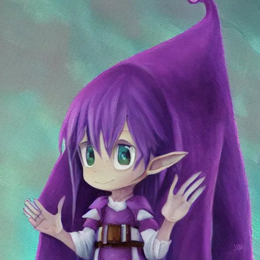 Image similar to little elf boy, purple tunic, white soft hair. light color palate, detailed soft painting, made in abyss art style, anatomically correct