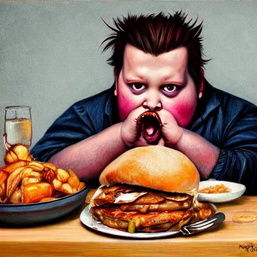 Prompt: ( hyperrealistic portrait of fat extremely overweight johnny depp eating chicken, on a filthy table filled with dirty plates ) greasy, tired, red eyes, by noah bradley, photorealistic, dynamic lighting, very detailed faces, trending on artstation, wallpaper, dream, 4 k, award winning, lovely pastel colors, ethereal, elegant