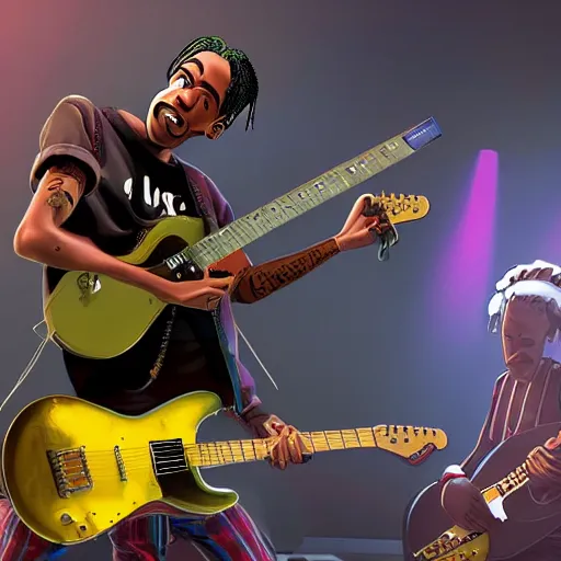Image similar to Travis Scott playing on guitar at the stage, by studio Pixar,