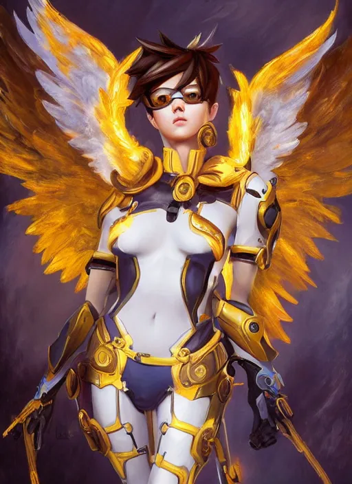 prompthunt: beautiful oil painting of tracer from the game overwatch in the  style of mark arian, standing alone in grassy field, smiling while the sun  shines down, feminine face, light rays, radiant