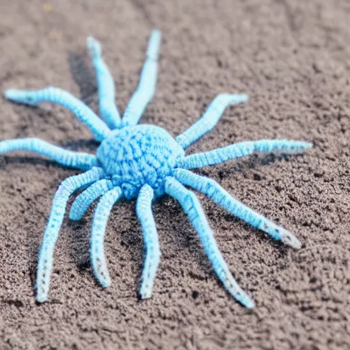 Image similar to cute fluffy light blue color spider crochet doll standing on sand, hyperrealistic photograph, highly detailed, tactile, 8k, close up, macro