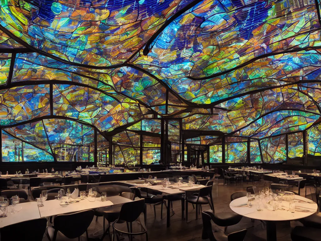 Prompt: screens with curved translucent drapes projecting detailed sci - fi art, pixel perfect photograph, high contrast, volumetric lighting, thin glowing lights, restaurant, chairs, users, pair of keys