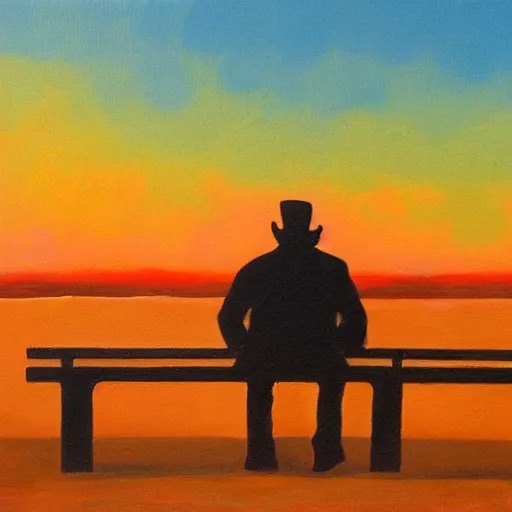 Prompt: oil on canvas, modern street art, a man sitting on a bench looking at the sunset, abstract