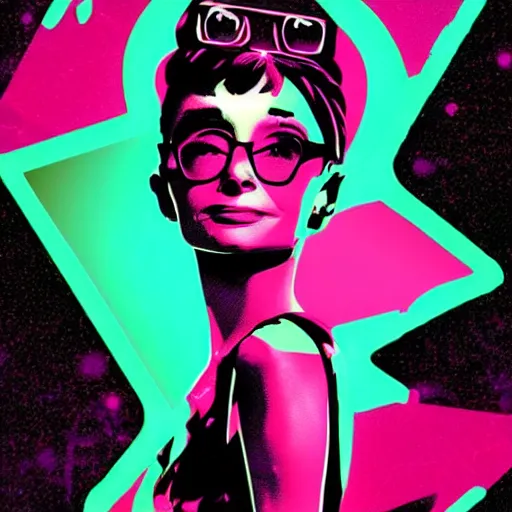 Image similar to audrey hepburn cyberpunked, synthwave poster, glitch art background,