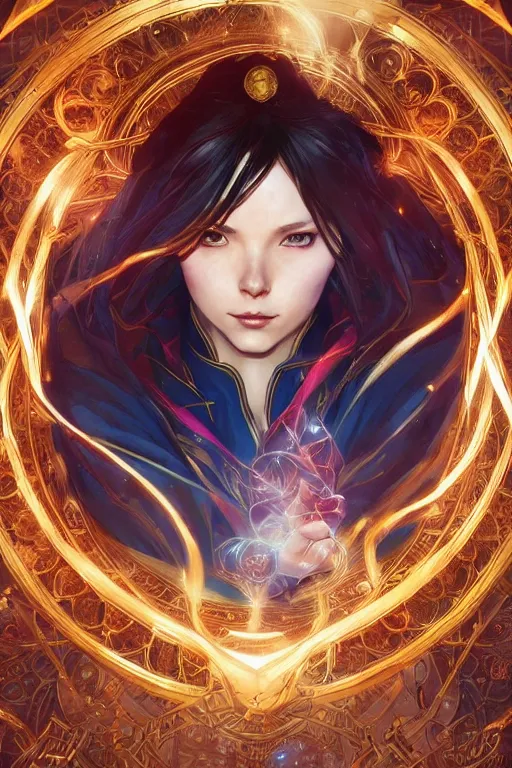 Image similar to anime key visual of a beautiful young female doctor strange, marvel comics, spells, magic, intricate, magical village, stunning, highly detailed, digital painting, artstation, smooth, hard focus, illustration, art by artgerm and greg rutkowski and alphonse mucha