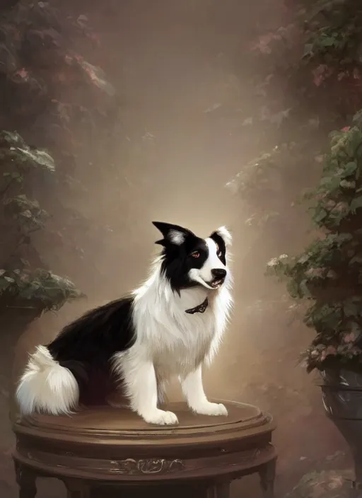 Image similar to wide angle beautiful full body portrait of a cute male anthropomorphic anthro border collie fursona sitting in a parlor room, character design by charlie bowater, henry asencio, and ross tran, disney, scenic background, detailed, aesthetic, trending on artstation, furaffinity, deviantart