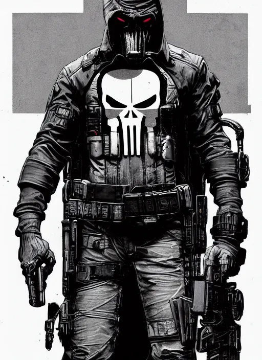 Image similar to the punisher. cyberpunk mercenary in tactical harness and jumpsuit. portrait by stonehouse and mœbius and will eisner and gil elvgren and pixar. realistic proportions. dystopian. cyberpunk 2 0 7 7, apex, blade runner 2 0 4 9 concept art. cel shading. attractive face. thick lines.