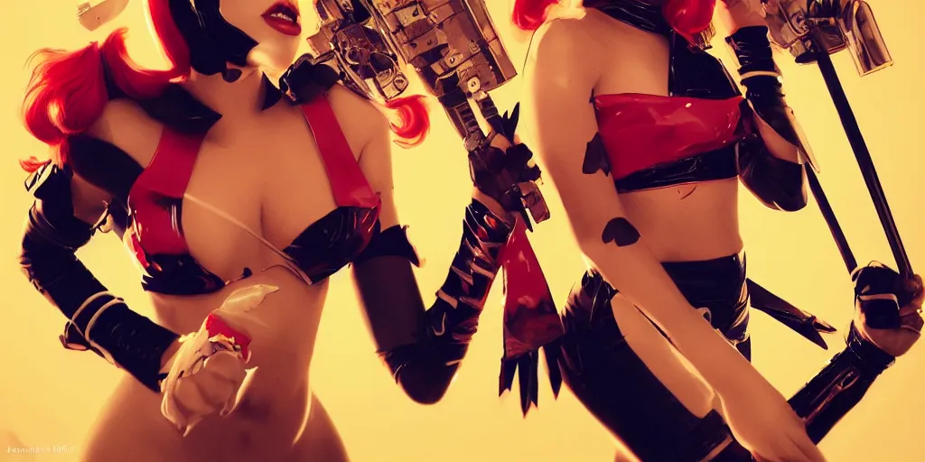 Image similar to lady gaga play harley quinn, beautiful, golden hour, sharp focus, ultra detailed, cgsociety