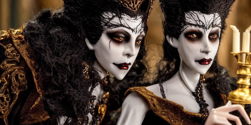 Image similar to photo taken of an epic intricate, ultra detailed, super realistic stop motion puppet of a majestic gracious regal aristocratic brunette female vampire and gothic filmset created by weta workshop and tim burton, menacing, wide angle, full body shots, photorealistic, sharp focus, gloomy, extremely cold blueish colour temperature, 3 5 mm, f 1. 4, golden ratio