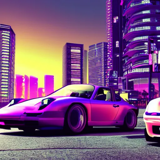 Prompt: vaporwave tokyo yakuza in suit driving in porche sports car driving at night city in background