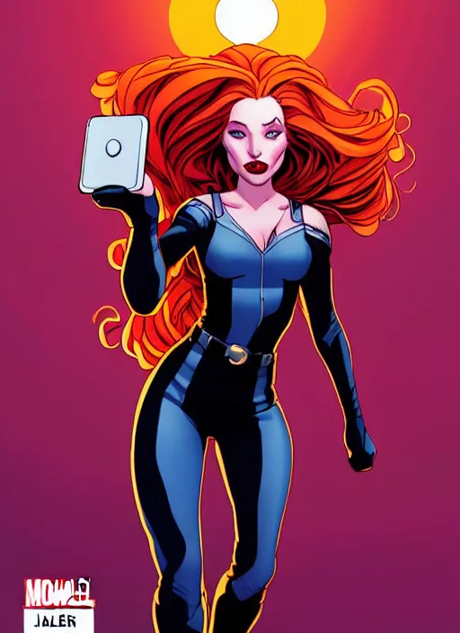 Prompt: Rafeal Albuquerque comic art, Joshua Middleton comic art, pretty female Madelaine Petsch Rogue x-men marvel taking a selfie, big smirk, symmetrical face, symmetrical eyes, long red hair with white streak in hair, full body, flying in the air, battlefield background, sunset, cinematic lighting