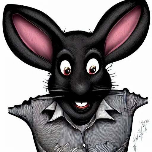 Image similar to A extremely highly detailed majestic hi-res beautiful, highly detailed head and shoulders portrait of a scary terrifying, horrifying, creepy black cartoon rabbit with scary big eyes, earing a shirt laughing, hey buddy, let's be friends, in the retro art style of Walt Disney