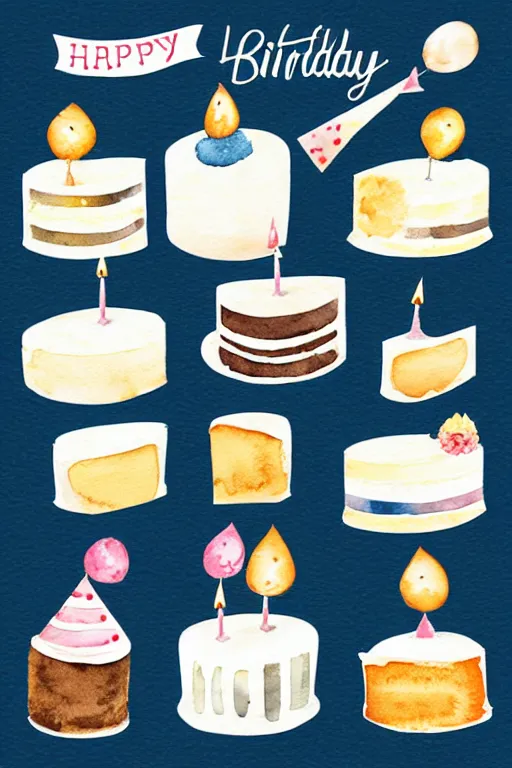 Prompt: minimalist watercolor art of birthday cakes on white background, illustration, vector art