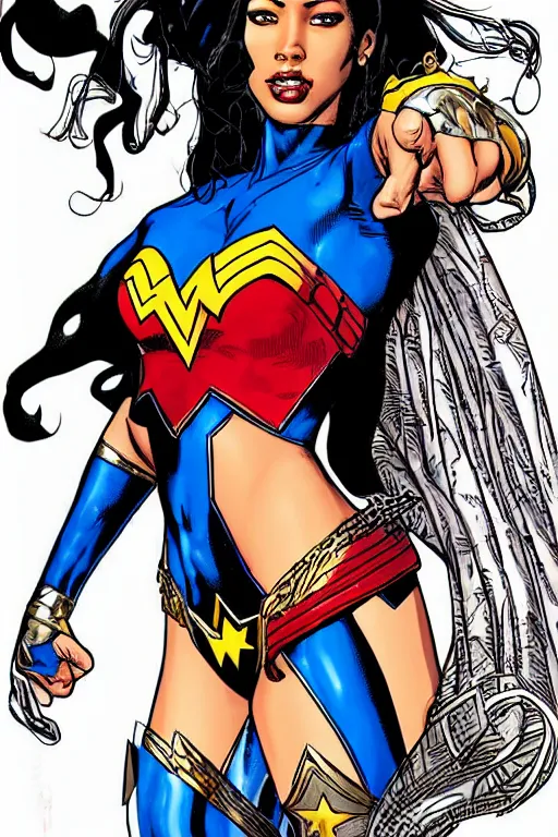 Image similar to aaliyah haughton as wonder woman, standing, full body, vector image, comic books style, very detailed, by jim lee, by todd mcfarlane, by rob liefeld