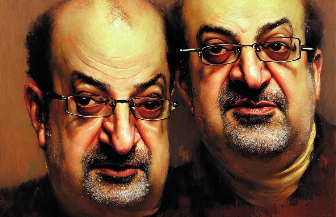 Prompt: portrait of salman rushdie!!!!!!!!!!!!!!!!!!!!!!!!!!!, detailed face, detailed painting, epic lighting, by ilya repin, phil hale and kent williams