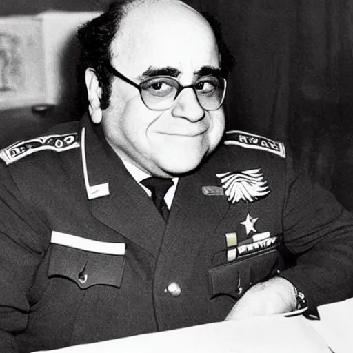 Prompt: portrait photograph of danny devito as a soviet officer in ww 2