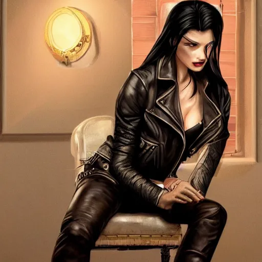 Image similar to a woman with black hair and a leather jacket sitting on a chair in a run down hotel room upset, muscular upper body, abs, d & d, fantasy, intricate, elegant, highly detailed, digital painting, artstation, concept art, smooth, sharp focus, illustration, unreal engine 5, face enhance, masterpiece