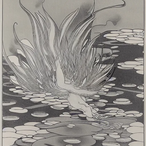 Image similar to A phoenix in fire bathes where water lilies are floating, lithography by Aubrey Beardsley, High definition, detailed,