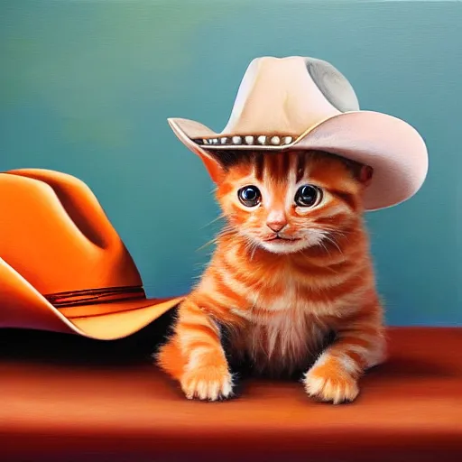 Image similar to a portrait of an orange kitten wearing a cowboy hat and a leather jacket, oil painting